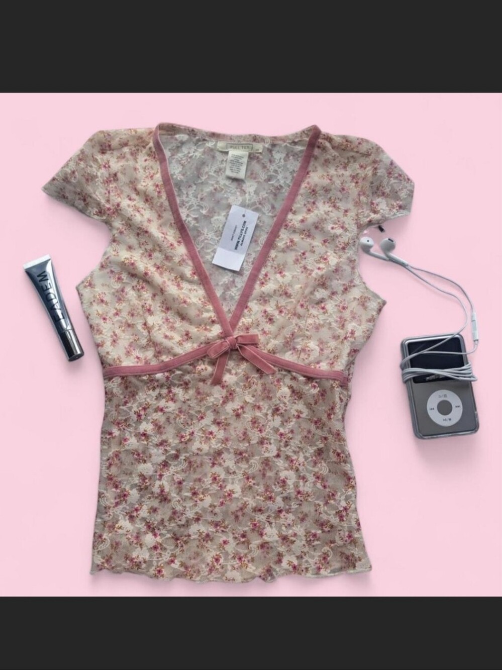 Tillys Pink and White Floral Lace Top Size XS